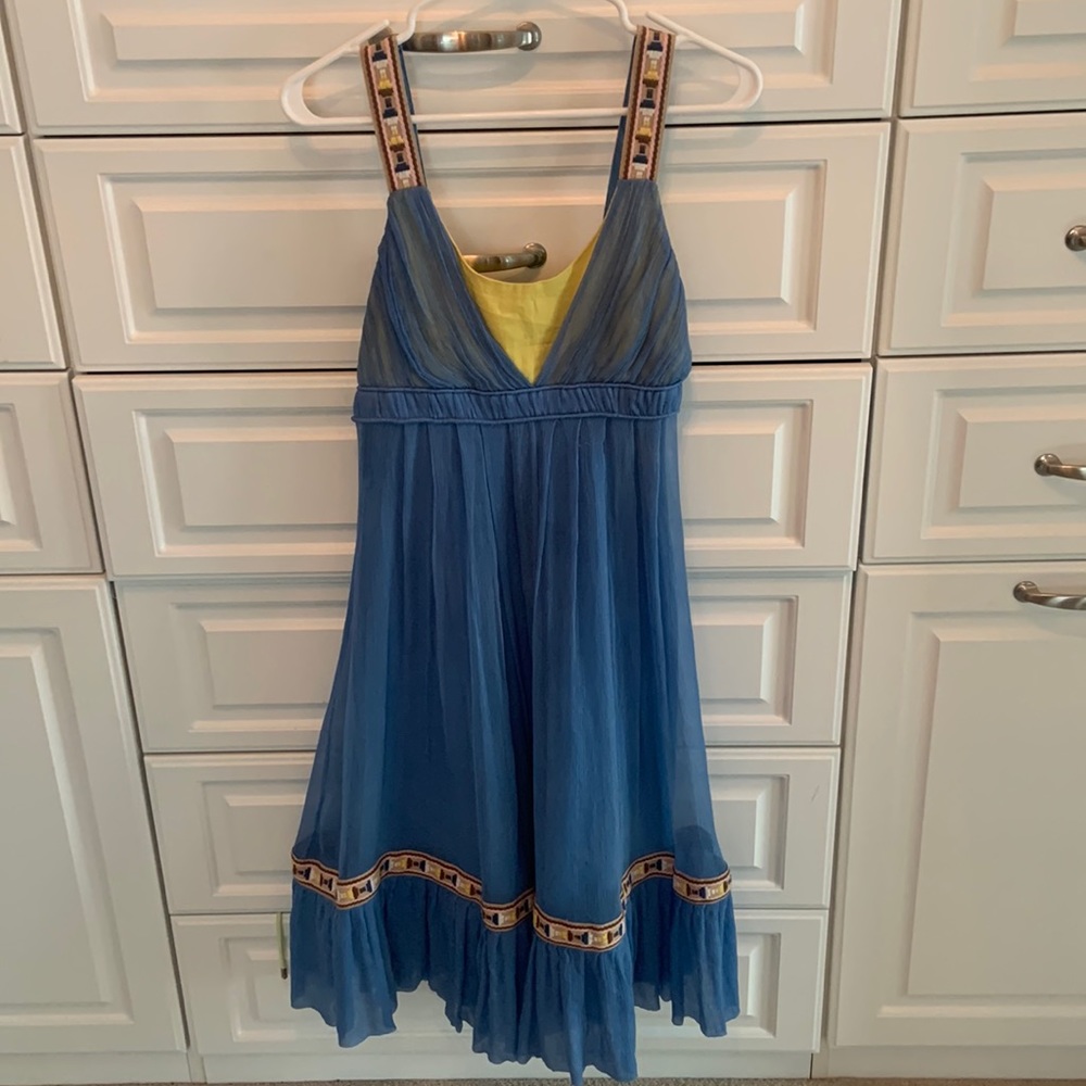 Boho chic Catherine Malandrino Size 6 blue and yellow gauze dress with stitching